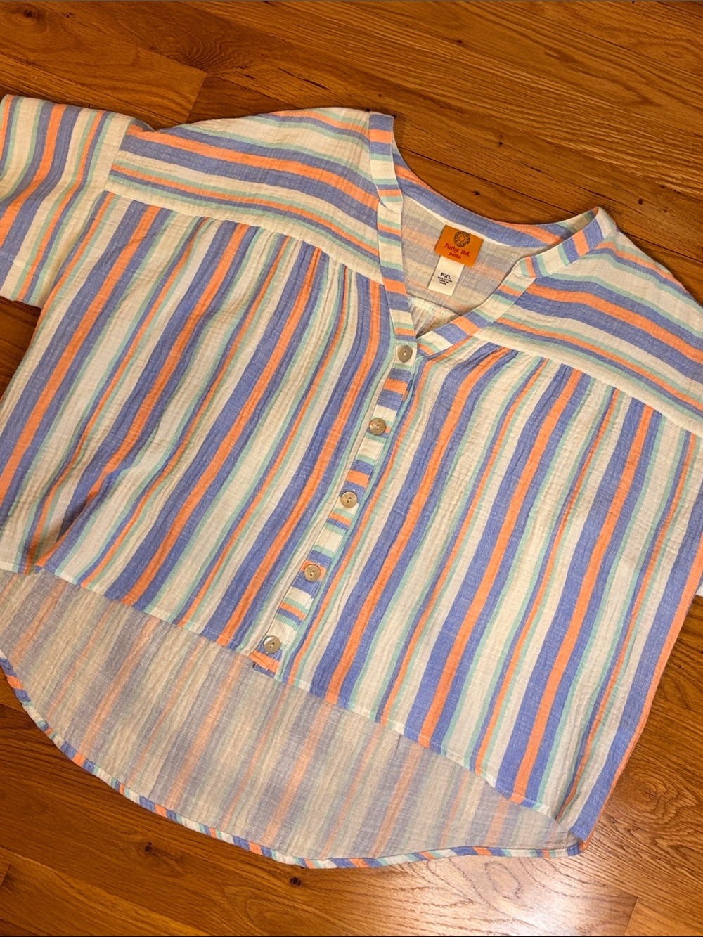 Ruby Rd. Pastel Multi-Stripe Cotton Button Front Gauzy Top PXL